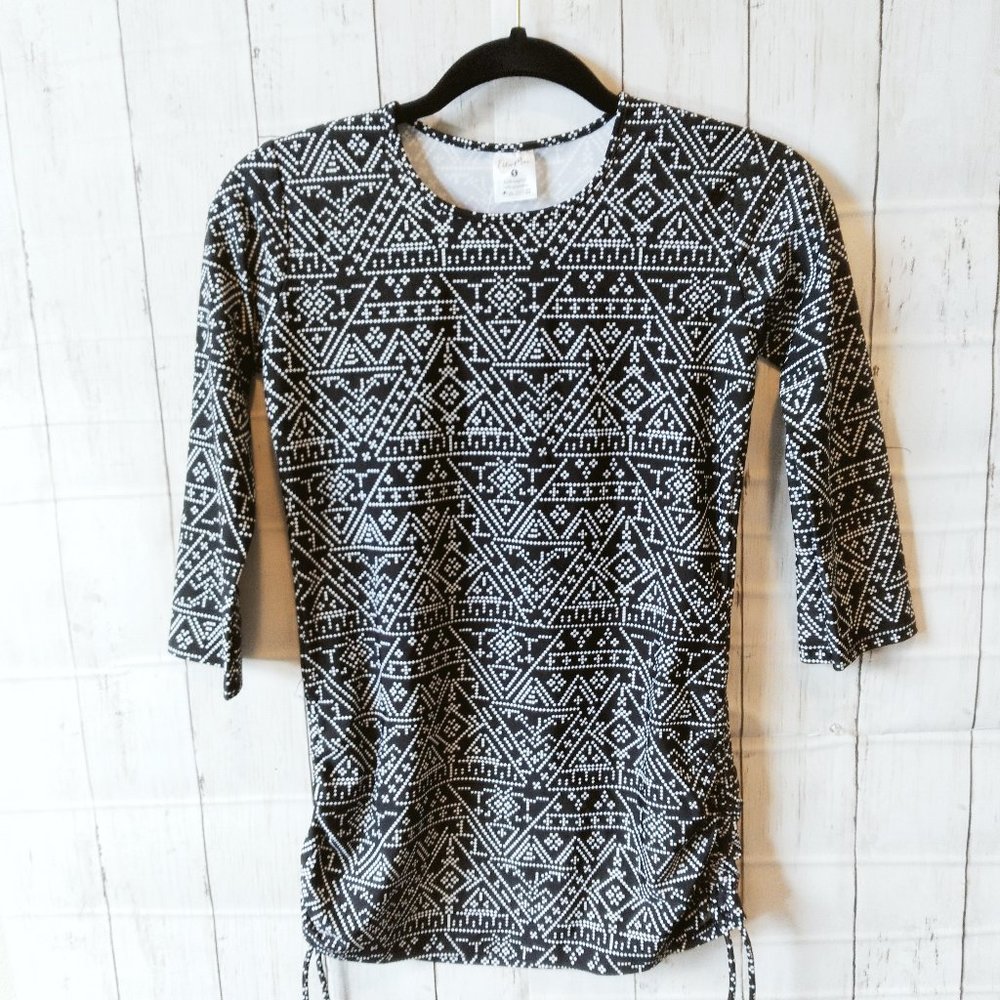 NWT Ella Mae Swim Shirt Women's Side Cinch Ties 3/4 Sleeves Black & White Small